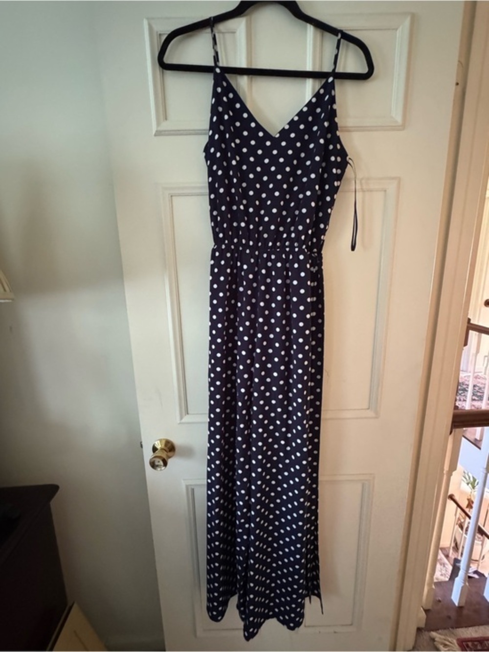 One Clothing Navy Polka Dot Jumpsuit with Spaghetti Straps -Size M
